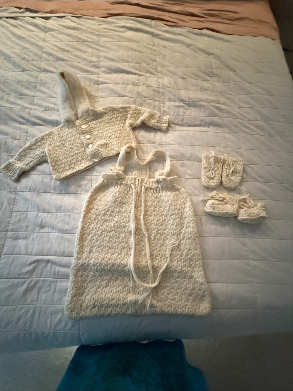 Hand-Knit Cream Baby Layette Set - Hooded Sweater, Gown, Booties & Mitts